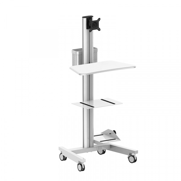 WKH-0100-S / WorkHub 100 - Рабочая станция мобильная для Монитора 10-24" VESA 75/100 наклон ±20° поворот ±20° вращение 360° Сидя-Стоя 230-1150мм Клав/ПК/Принтер/Корзина серебро