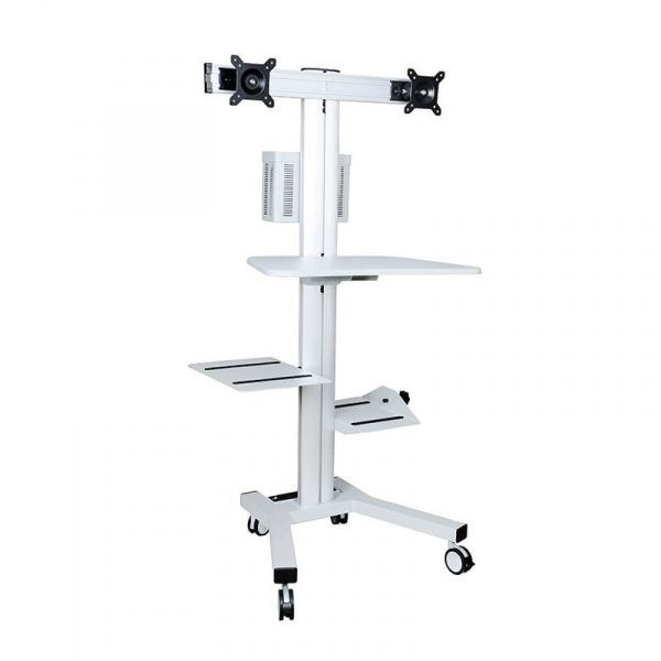 WKH-0200-S / WorkHub 200 - Рабочая станция мобильная для двух Мониторов 10-24" (горизонтально) 2х10кг VESA 75/100 наклон ±20° поворот ±20° вращение 360° Сидя-Стоя 230-1150мм Клав/ПК/Принтер/Корзина серебро